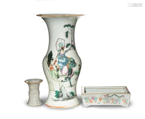 (3) Chinese Planter, Famille Rose Vase & Ge Vase