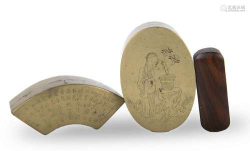 2 Brass Ink boxes & 1 Bronze Guanyin Seal