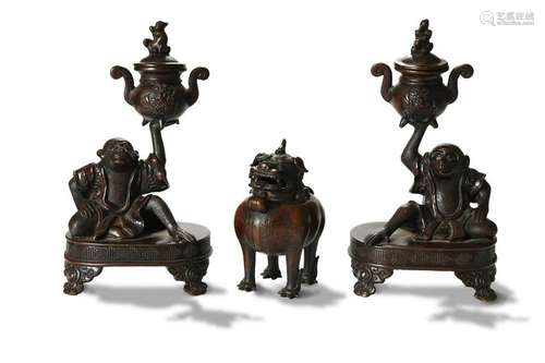 Japanese Meiji Fu Dog Bronze Censer and Monkeys