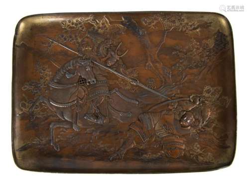 Japanese Bronze Tray with Warriors, 19th Century