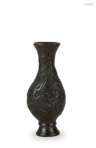 Chinese Small Bronze Vase Carved with Crane, Ming