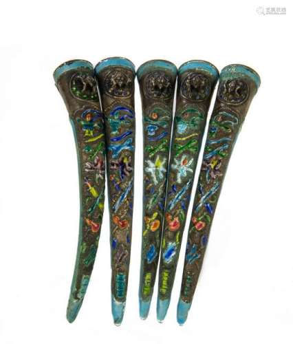 5 Chinese Enamel Silver Fingernail Covers, 19th Century