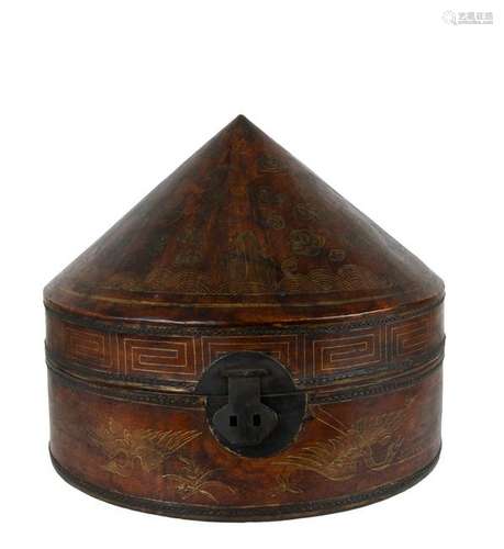 Chinese Gilt Leather Hat Box, Late Qing Dynasty