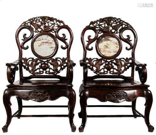 Pair of Marble Backed Chinese Chairs, 19th Century