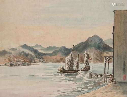 Painting of Boats on River by Sheng Kainong