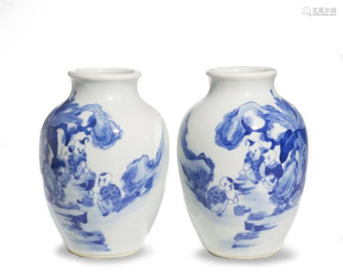 Chinese Pair of Blue & White Jars, 19th Century