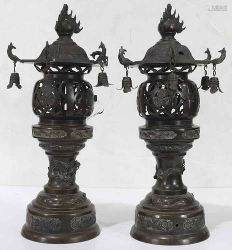 Japanese Pair of Bronze Toro Lanterns,