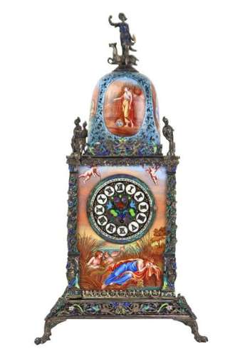 Viennese style enamel and silver carriage clock
