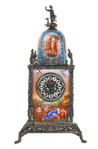 Viennese style enamel and silver carriage clock