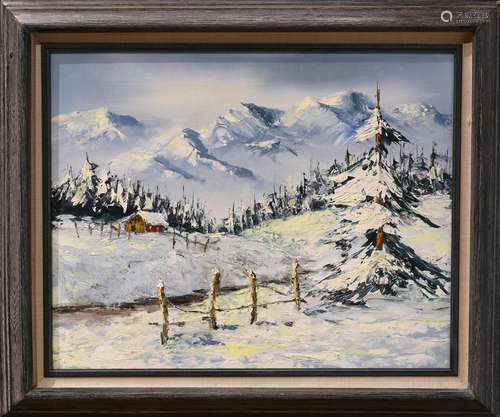 Painting, Mountain Snow Scene with Cabin