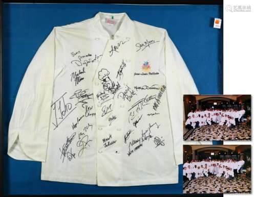 Framed chef's jacket, including a variety of signatures