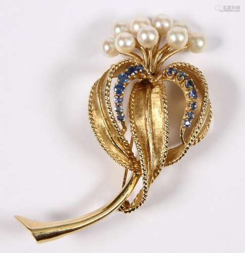 Cultured pearl, sapphire, 14k yellow gold flower brooch