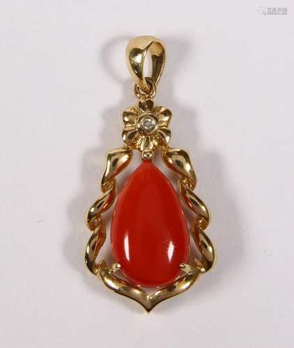 Coral, diamond, 14k yellow gold pendant