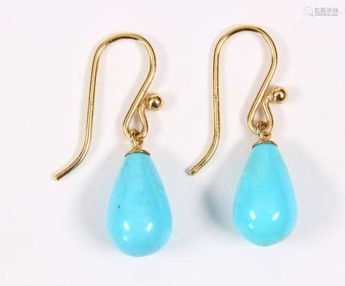 Pair of turquoise, 14k yellow gold earrings