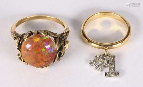 (Lot of 2) Opal in matrix, diamond, 14k gold rings