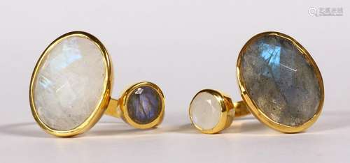 (Lot of 2) Labradorite, moonstone, silver gilt rings