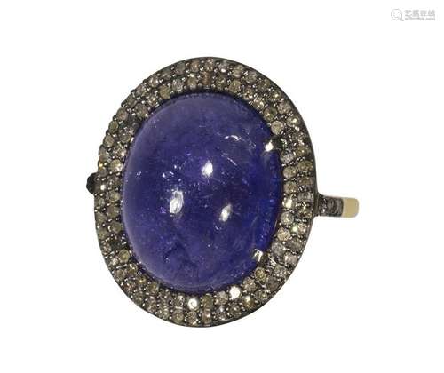 Tanzanite, diamond, 14k yellow gold, silver ring