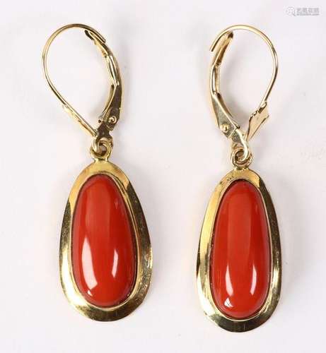 Pair of coral, 14k yellow gold earrings