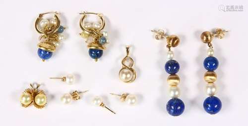 (Lot of 7) Cultured pearl, diamond, lapis lazuli,