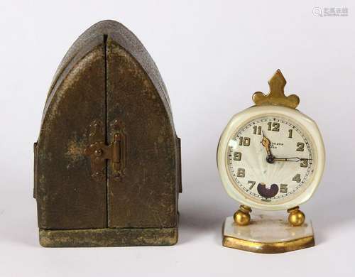 Mother-of-pearl and metal travel clock with box