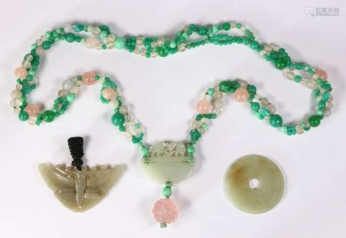 (Lot of 3) Carved jade, glass bead jewelry and items