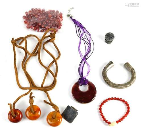 Collection of carnelian, glass, sterling silver,