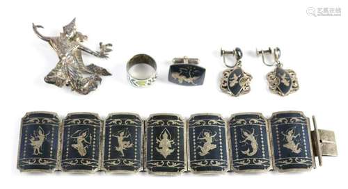 (Lot of 5) Siamese, niello, enamel, sterling silver,