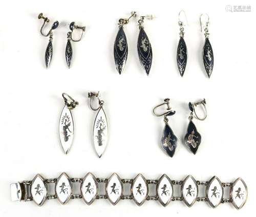 Collection of Siamese enamel and niello silver jewelry