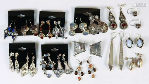 (Lot of 17) Pairs of multi-stone, sterling silver,