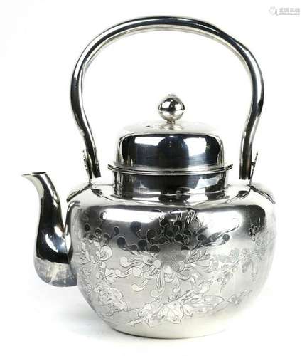 Japanese silver tea kettle decorated with