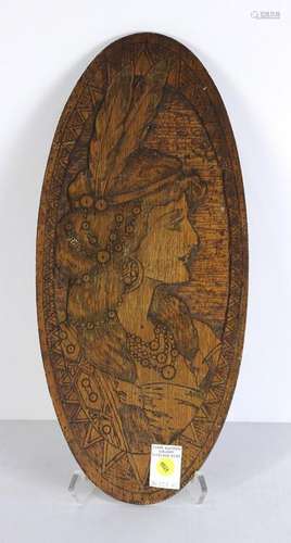 Art Nouveau Flemish Art burnt wood oval plaque of