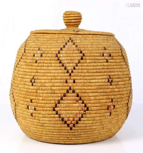 Alaskan Yupik grass woven coiled storage basket, 20th