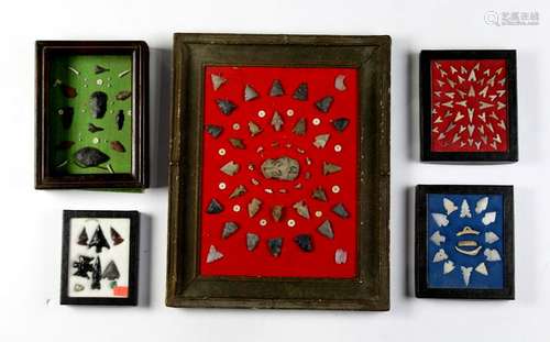 (lot of 5) Collection of framed arrowheads and beads