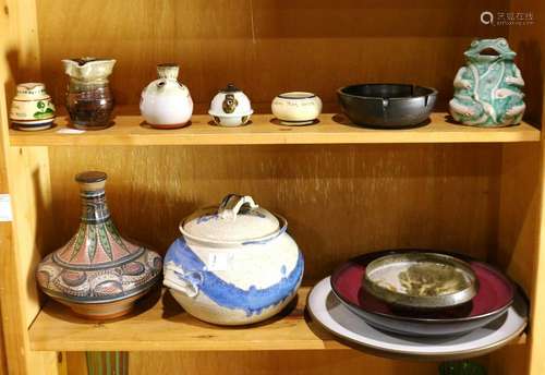 One shelf of mostly pottery items