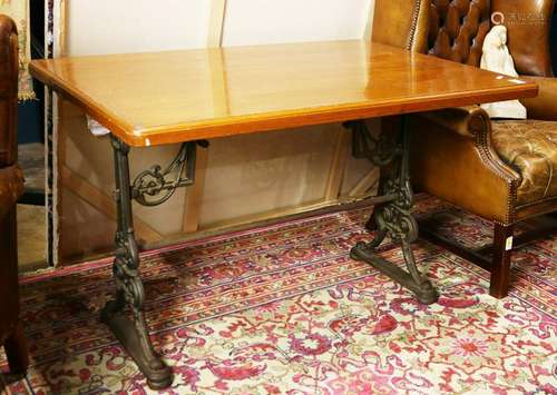 Arts & Crafts oak trestle table with cast iron legs