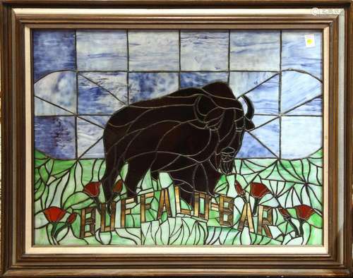 Framed stained glass panel depicting a buffalo