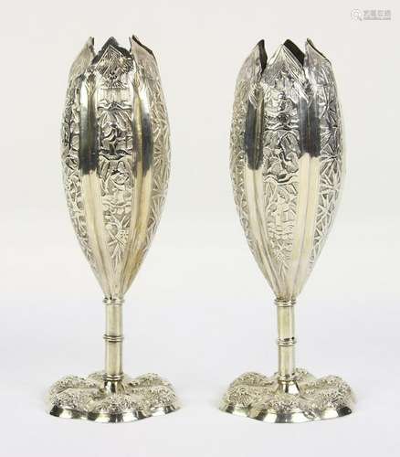 (lot of 2) Chinese Export silver bud vases