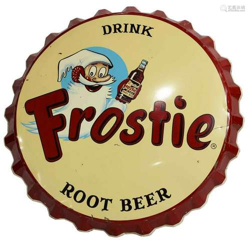 Drink Frostie root beer enameled metal sign in the form