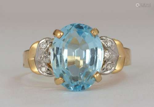 Blue topaz, diamond, 14k yellow gold ring