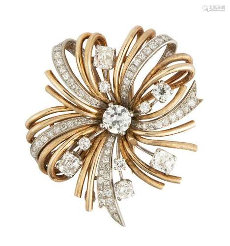 Diamond, platinum, 14k yellow gold spray brooch