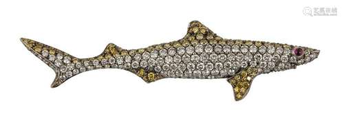 Diamond, ruby, 18k white gold shark brooch