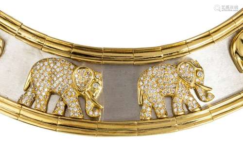 Diamond, 18k yellow and white gold elephant necklace