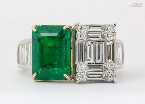 Emerald, diamond, 18k white gold ring