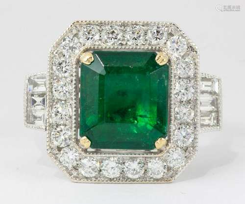 Emerald, diamond, 18k white gold ring