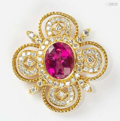 Tourmaline, diamond, 18k yellow gold brooch