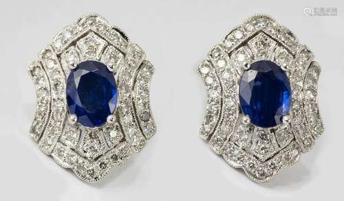 Pair of sapphire, diamond, 14k white gold earrings