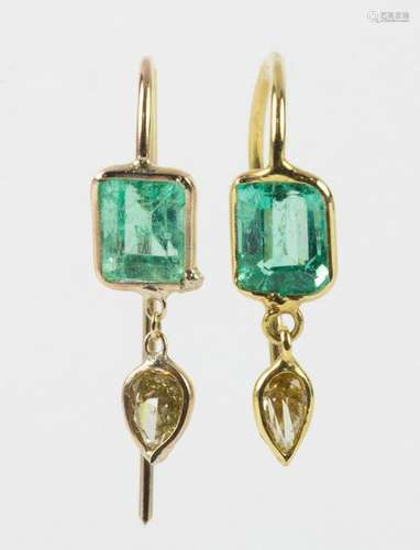 Pair of emerald, diamond, 14k yellow gold earrings