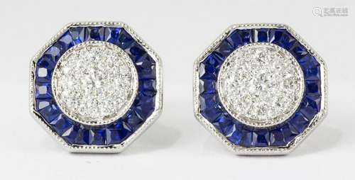 Pair of diamond, sapphire, 18k white gold earrings