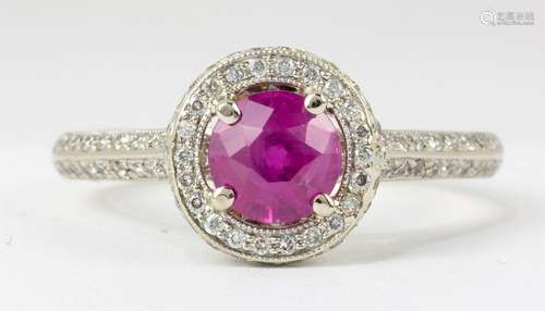 Ruby, diamond, 18k white gold ring