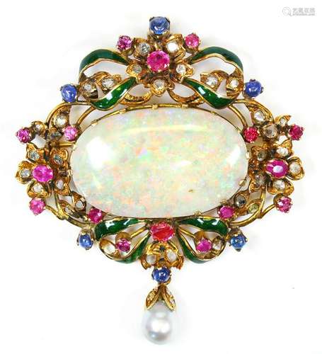 Opal, multi-stone, enamel and 18k yellow gold brooch